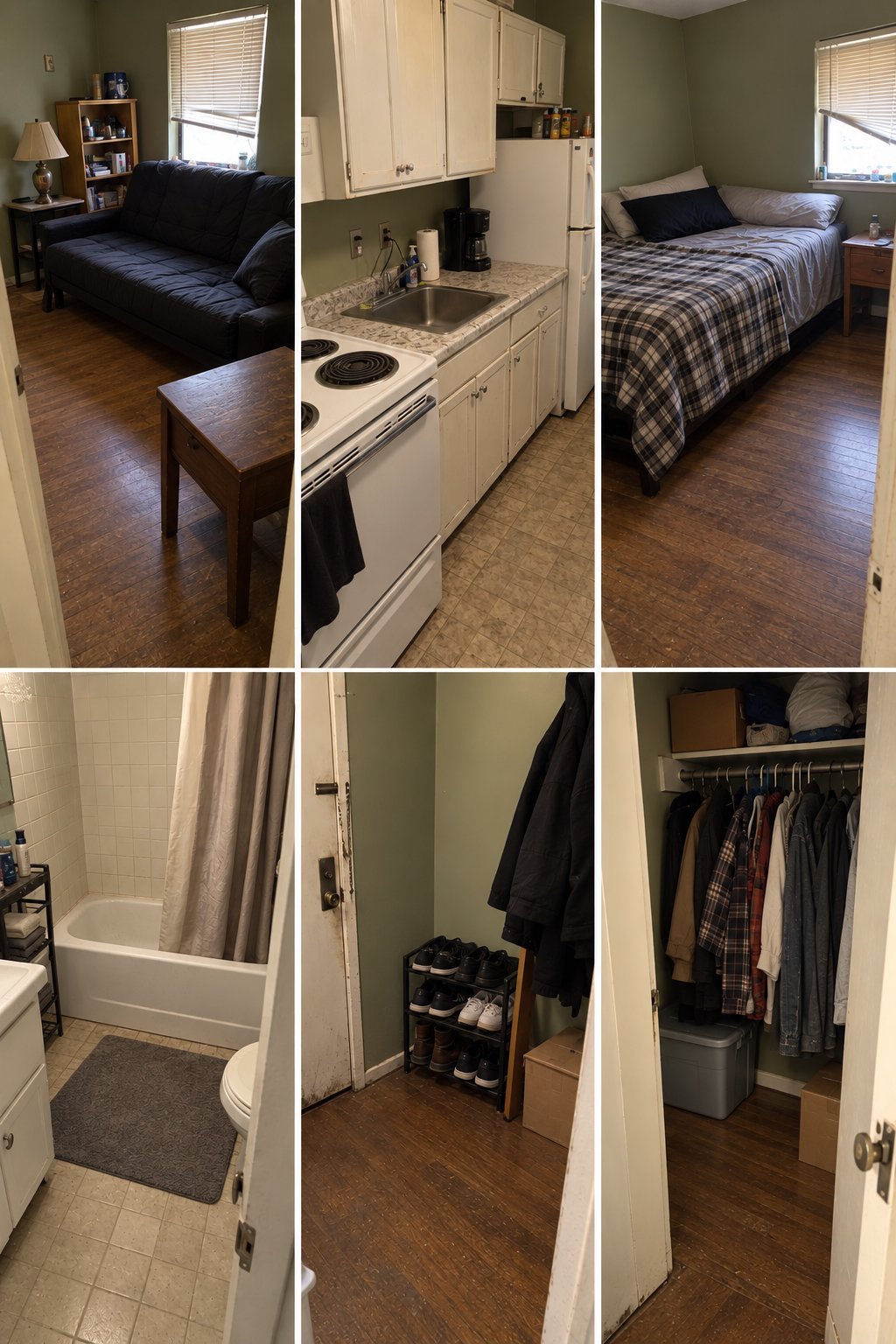 Six-panel grid showing apartment interior: bedroom with black bed, kitchen with white appliances, bed with plaid comforter, bathroom with shower, closet with hanging clothes, and storage shelving