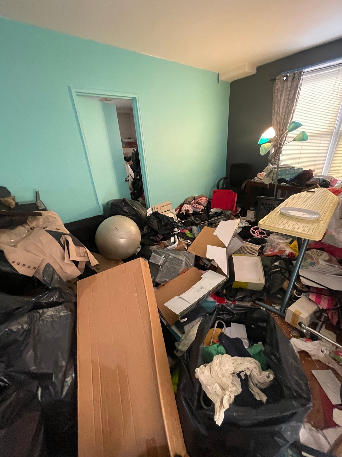 Cluttered room with turquoise and dark walls, scattered boxes, black garbage bags, exercise ball, and various items piled throughout