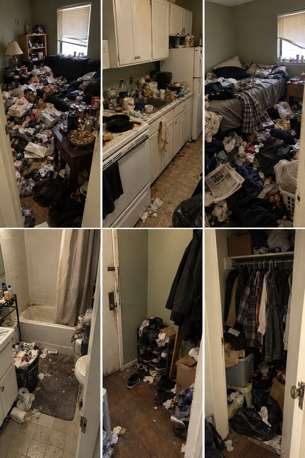 Severely cluttered residential rooms filled with piles of clothing, trash, and miscellaneous items throughout bedroom, kitchen, bathroom, and closet spaces