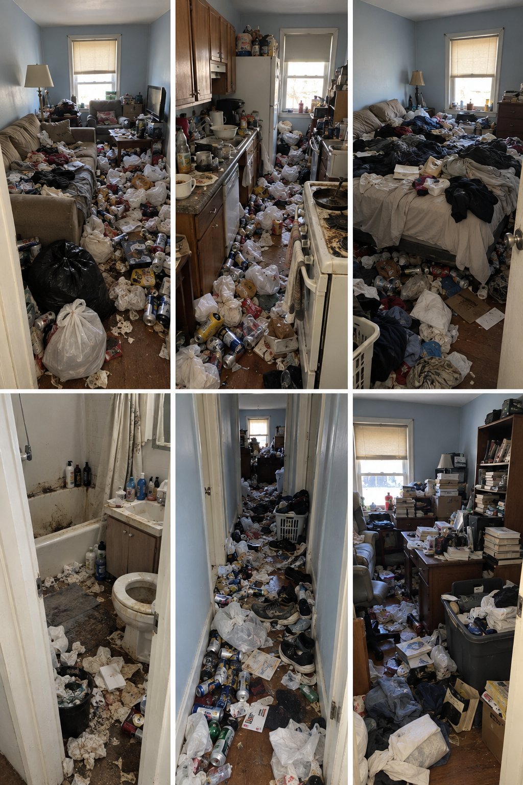 Six photos showing an extremely cluttered residential space with clothes, trash, and personal items covering floors, furniture, and all surfaces throughout multiple rooms