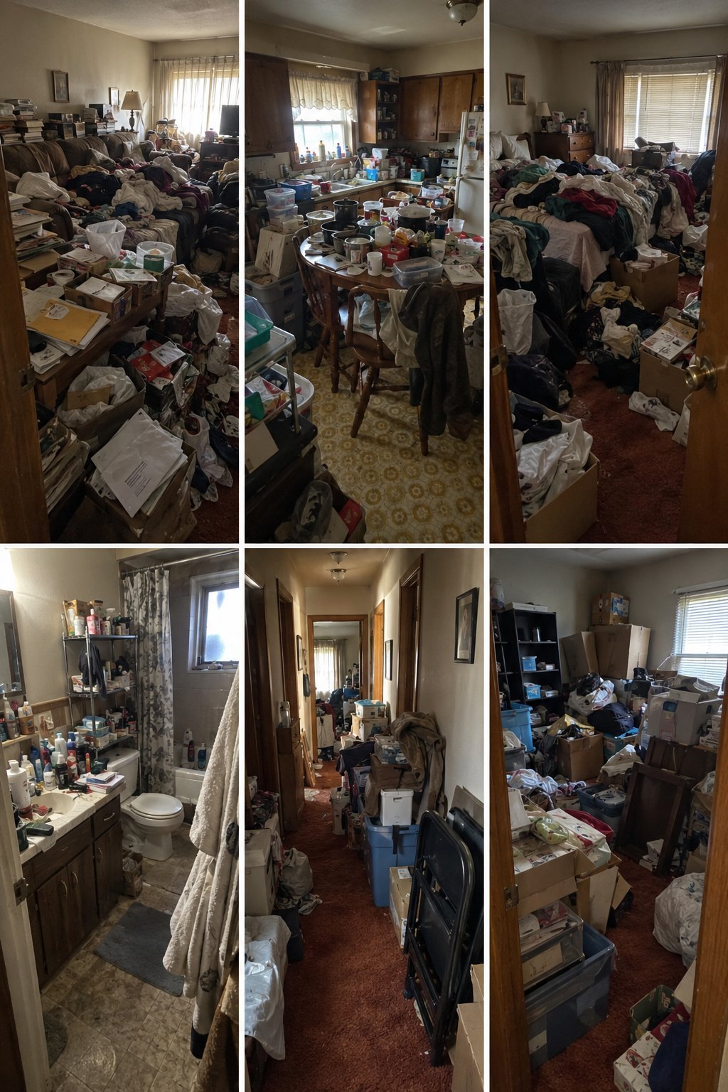 Six-photo grid showing various cluttered rooms in a house, including bedrooms, bathroom, and hallway filled with clothing, boxes, and personal items