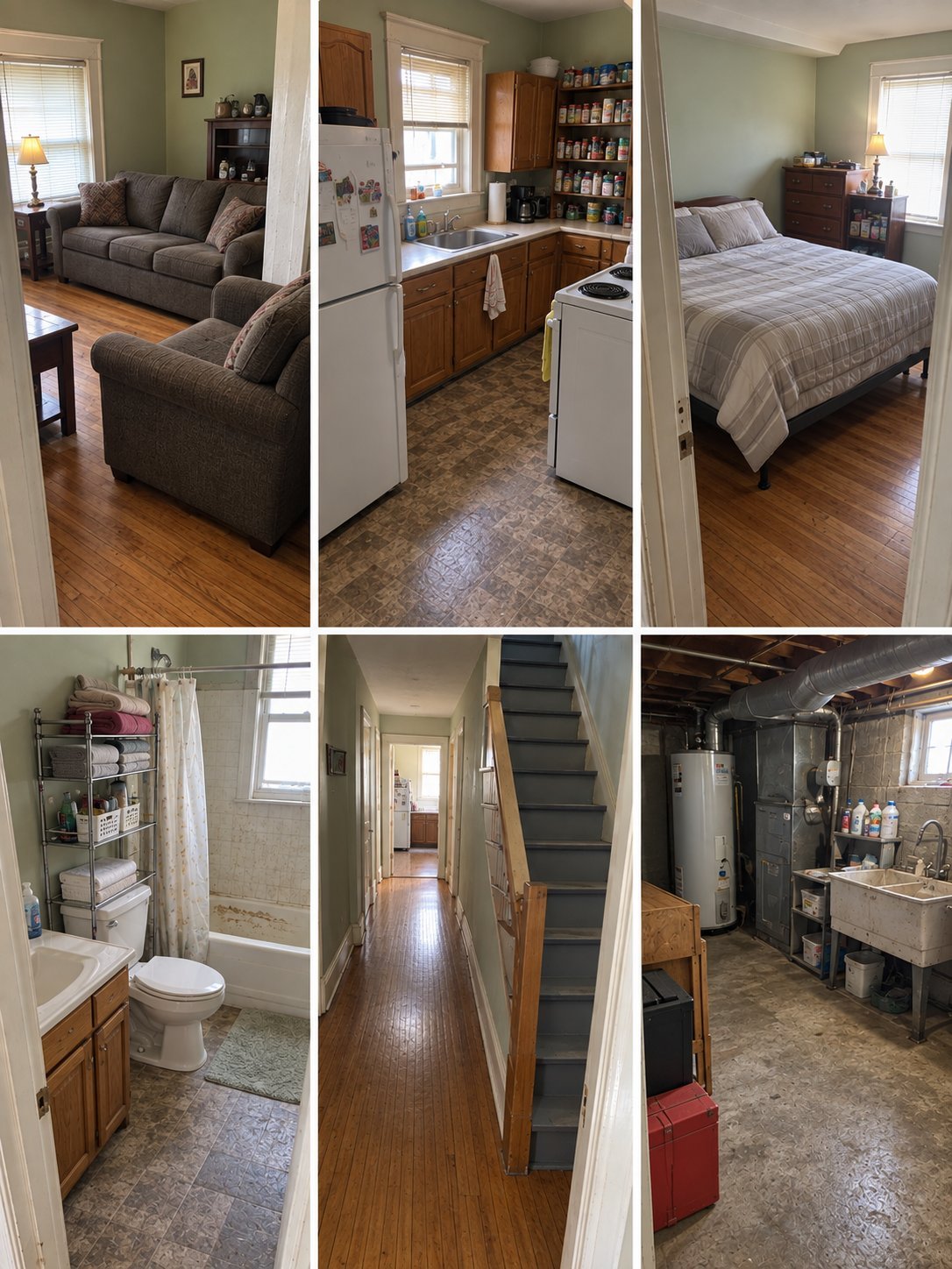 Six-panel collage of home interior rooms including living room, kitchen, bedroom, bathroom, hallway, and basement utility area