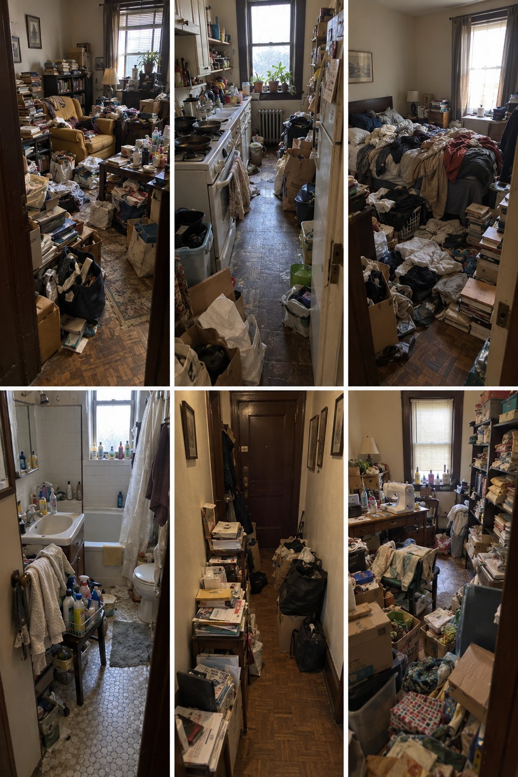Six-panel grid showing cluttered apartment rooms filled with piles of clothes, boxes, and items covering floors, furniture, and surfaces throughout multiple rooms