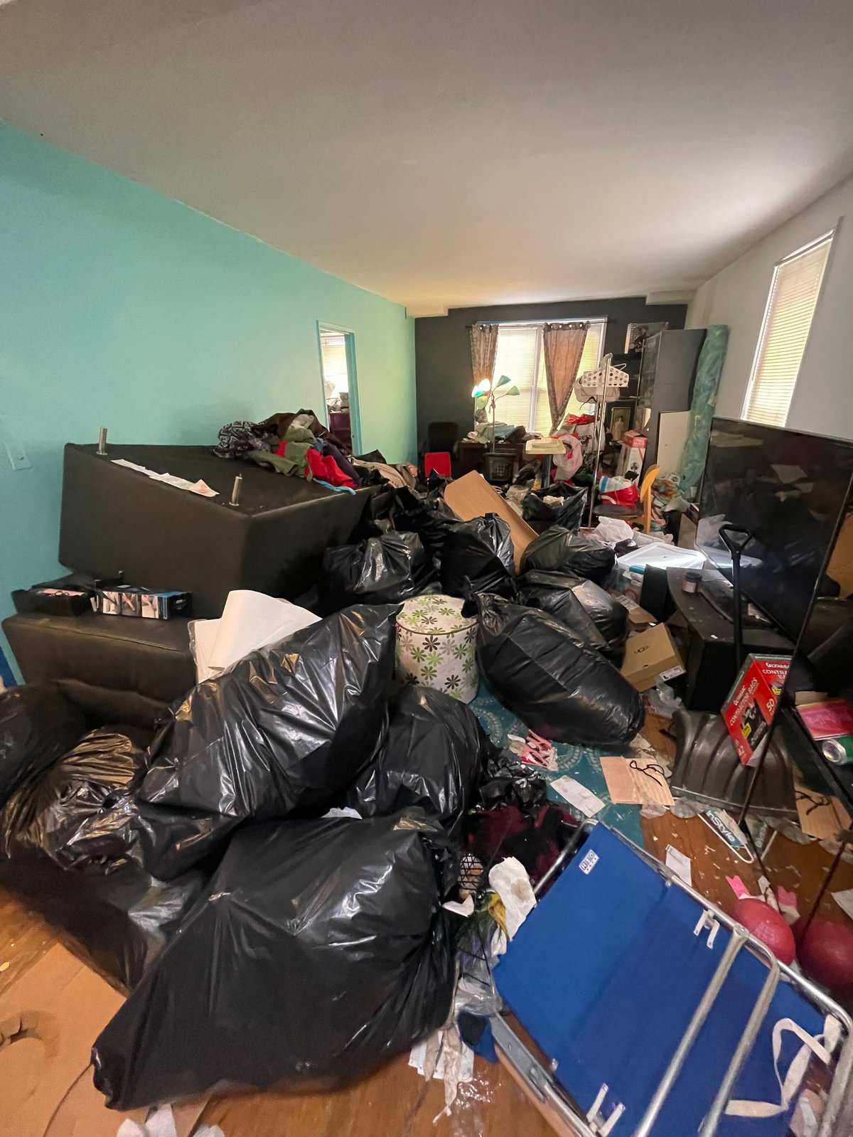 Cluttered bedroom with turquoise and black walls, filled with black trash bags, cardboard boxes, and scattered items on the floor and furniture