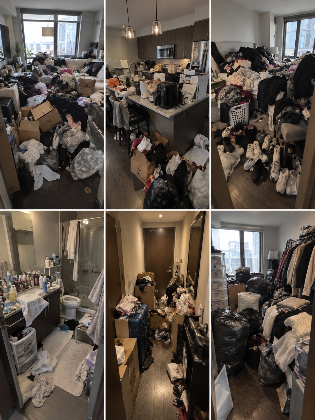 Six-panel collage showing extremely cluttered apartment rooms and hallway filled with scattered clothing, boxes, and household items throughout