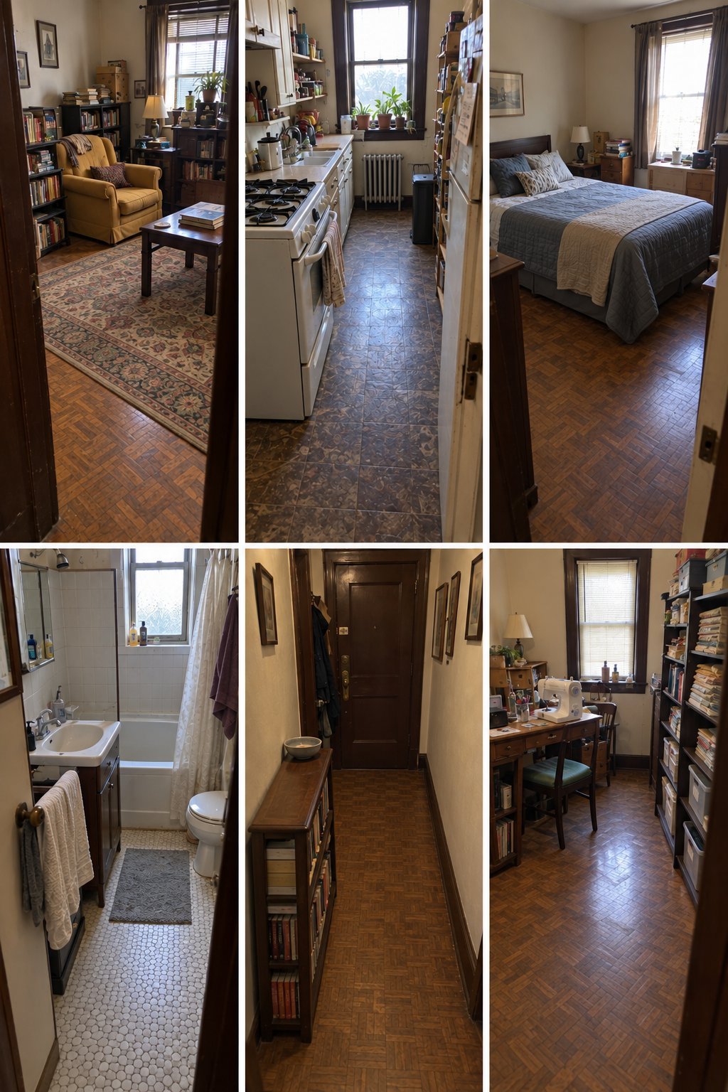 Six-panel apartment tour showing living room, kitchen, bedroom, bathroom, hallway, and office space with wood floors and natural lighting