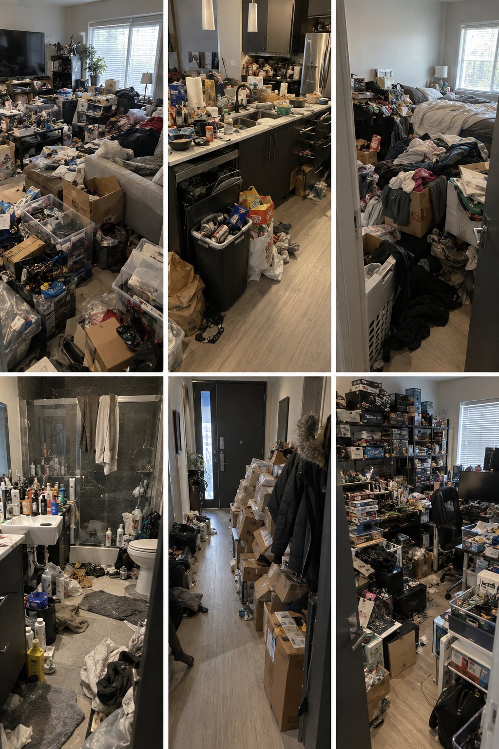 Six-panel grid showing extremely cluttered apartment rooms with excessive clutter, trash, and disorganized belongings throughout bedroom, bathroom, and living spaces