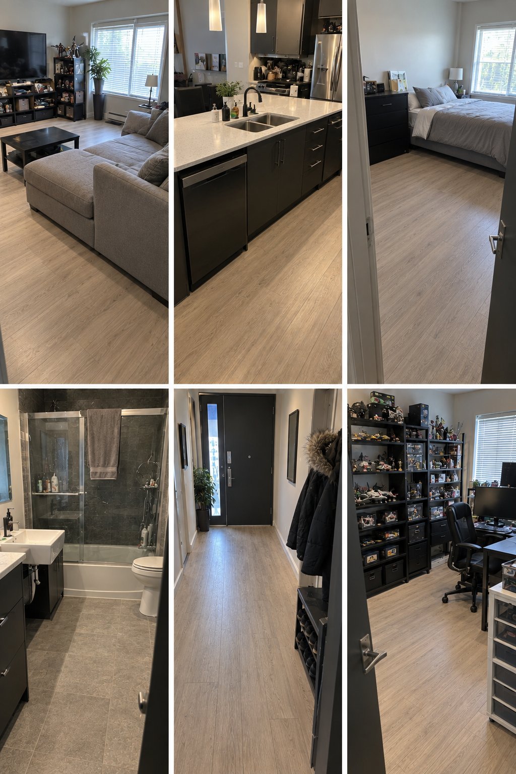 Six-photo apartment tour showing living room, kitchen, bedroom, bathroom, hallway, and home office with modern furnishings and wood flooring