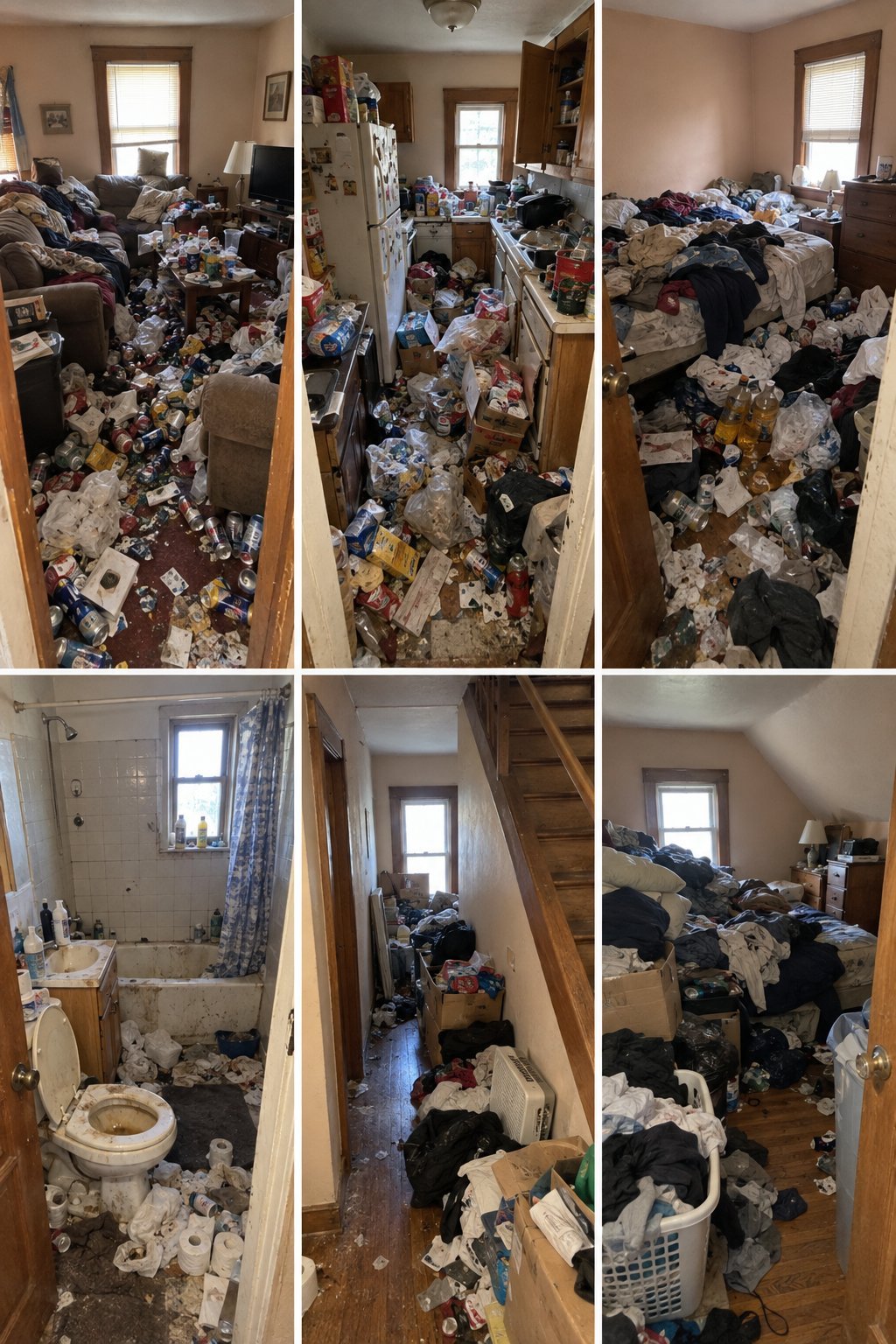 Six photos showing severely cluttered and hoarded indoor spaces filled with clothes, items, and debris throughout rooms and hallway