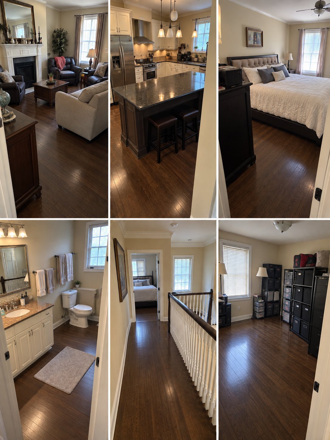 Six-panel collage showing home interior rooms including living room, kitchen, bedroom, bathroom, hallway, and entryway with dark wood floors