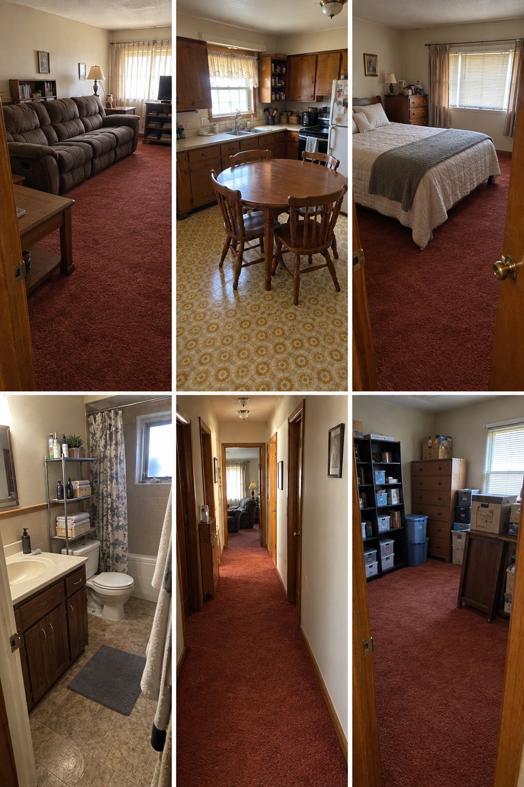 Six-panel collage showing home interior rooms including living room, kitchen, bedroom, bathroom, and hallways with wood furniture and red carpet