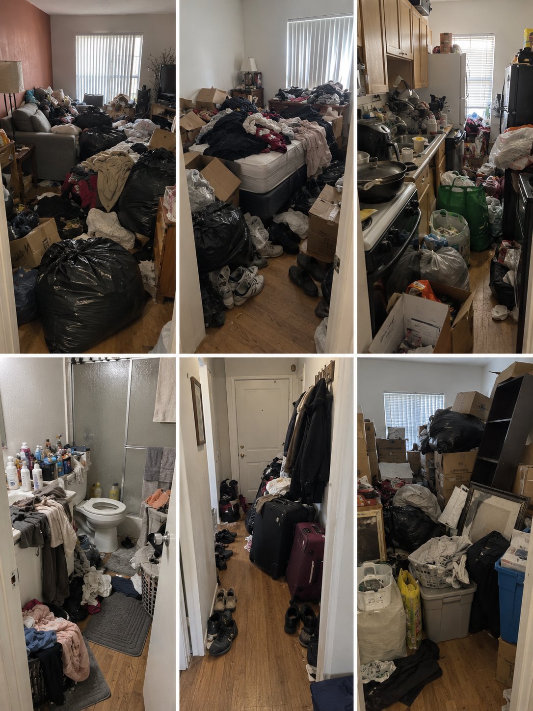 Six-panel grid showing multiple rooms cluttered with piles of black garbage bags, clothing, cardboard boxes, and miscellaneous items throughout the spaces