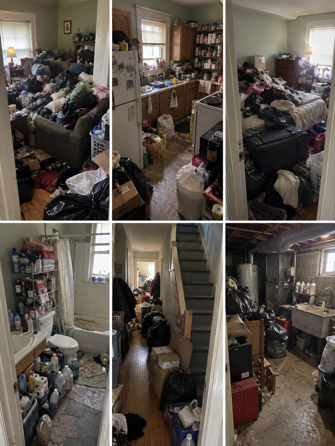 Six-panel photo grid showing severely cluttered and disorganized interior rooms with piles of clothing, boxes, and debris throughout multiple spaces including bedroom, kitchen, bathroom, hallway and basement areas