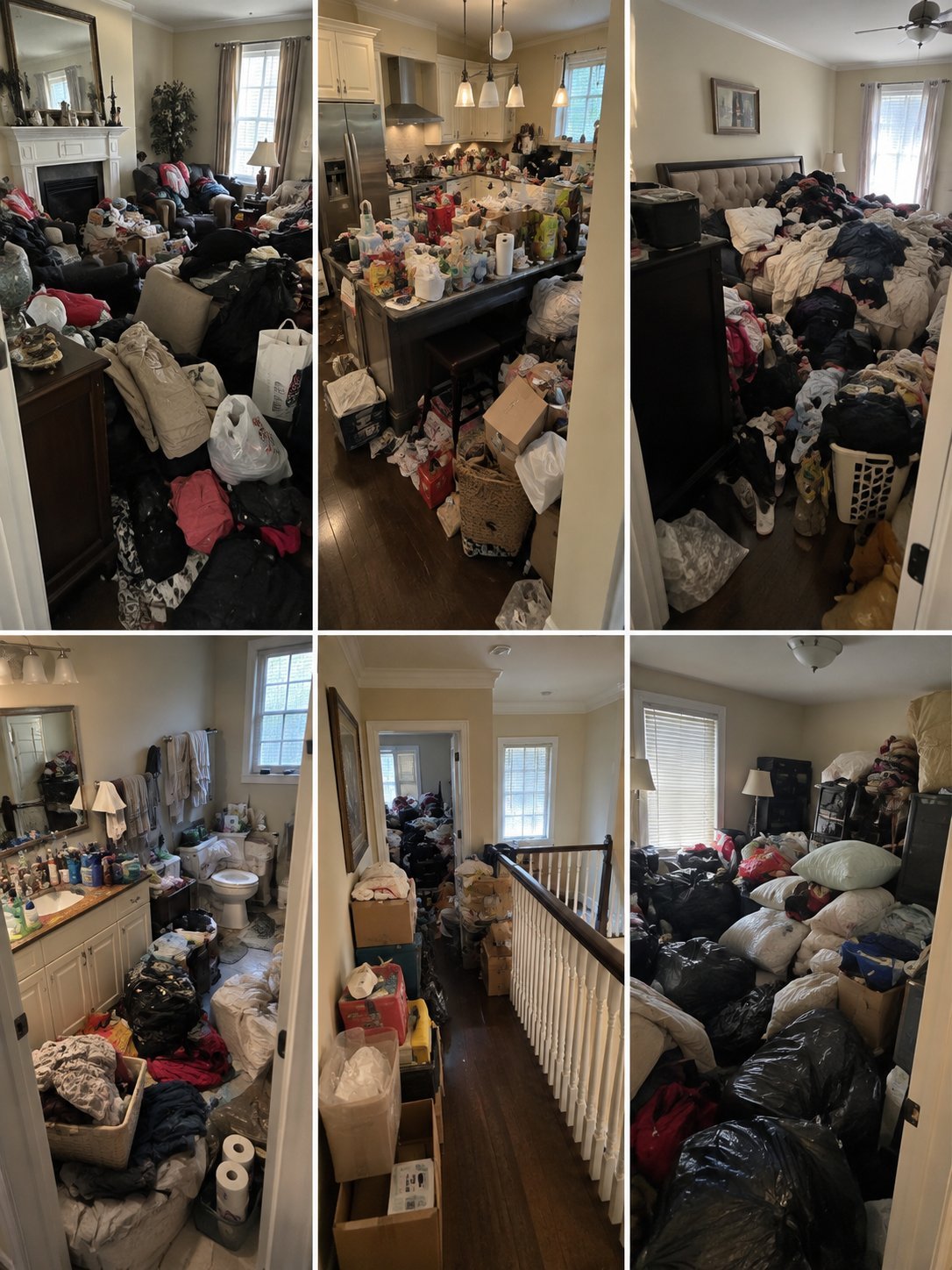 Six photos showing cluttered rooms filled with piles of clothing, boxes, and household items throughout a home interior