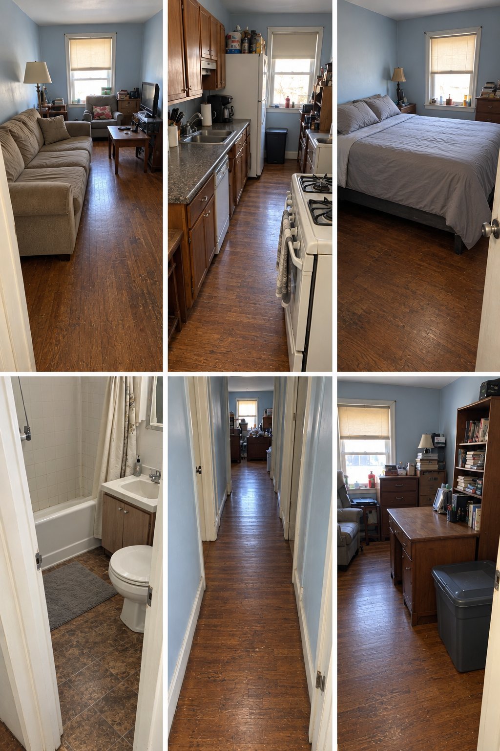 Six-panel collage showing interior apartment rooms including living room, kitchen, bedroom, bathroom, and hallways with wooden floors and blue walls