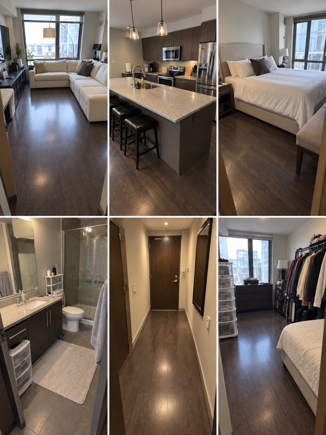 Collage of modern apartment interior showing living room with sectional sofa, kitchen with island, bedroom, bathroom, hallway, and walk-in closet with dark wood flooring throughout