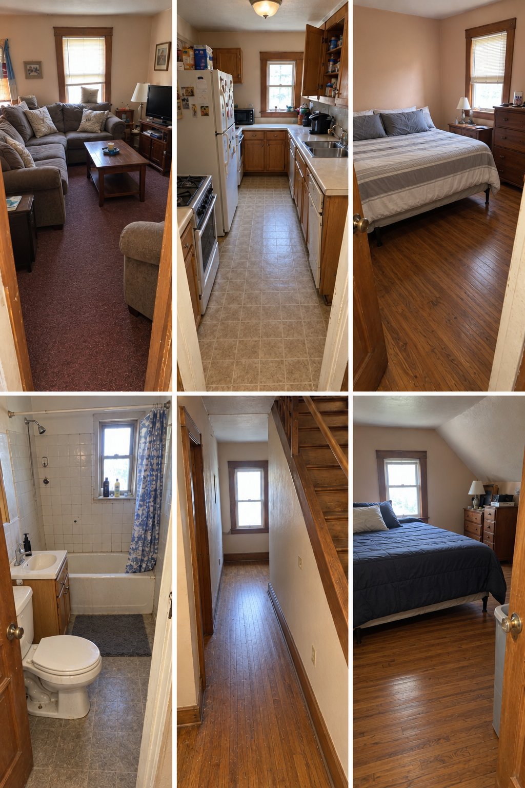 Grid of six interior photos showing a homes living room, kitchen, bedroom, bathroom, hallway, and bedroom with wooden floors and neutral decor
